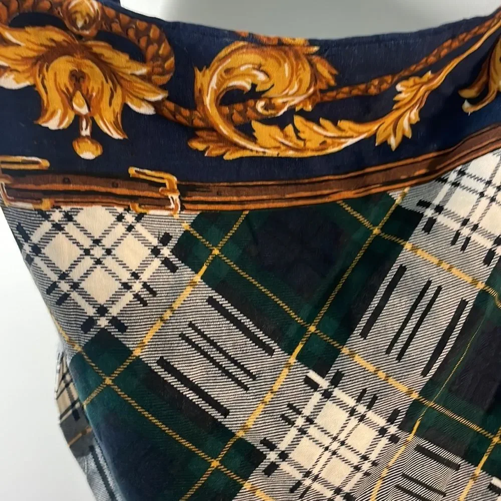 Equestrian inspired scarf (triangle 55” l x 24”to point) navy, greens gold Plaid
